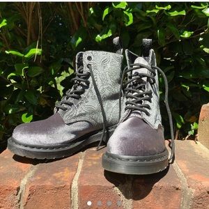 Grey velvet embossed Doc Martens